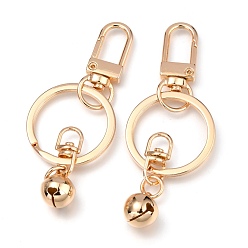 Golden Iron Split Key Rings, with Alloy Swivel Clasps & Brass Small Bell Charms, Golden, Total Length: about 80mm