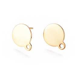 Золотой Вакуумное покрытие pvd 304 компоненты ушных сережек из нержавеющей стали, долговечный, с петлей и плоской пластиной, плоско-круглые, золотые, 13x10.5 мм, отверстие : 1.4 мм, штифты : 0.7 мм