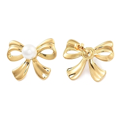 Golden 304 Stainless Steel Stud Earrings, with ABS Imitation Pearl, Bowknot, Golden, 22x28mm