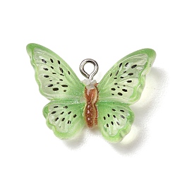 Light Green Transparent Resin Pendants, Kiwi Fruit Butterfly Charm, with Platinum Iron Eye Pin & Glitter Powder, Light Green, 20x27x8mm, Hole: 2mm