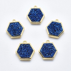 Blue Druzy Resin Charms, with Golden Tone Brass Findings, Hexagon, Blue, 14.5x14x4mm, Hole: 1mm