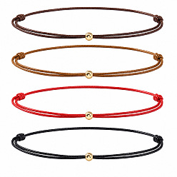 Mixed Color 4 Colors Braided Polyester Cord 2-Strand Bracelet Sets for Women Men, Adjustable Stackable Bracelets with Brass Round Beads, Golden, Mixed Color, 11.02 inch(28cm), 4pcs/set