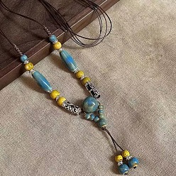 Темно-Голубой Сплав и фарфоровые бусины бочкообразный кулон кисточка длинные нагрудные ожерелья для женщин, глубокое синее небо, 25.98~34.65 дюйм (66~88 см)