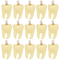 Yellow 20Pcs Opaque Resin Pendants, Tooth, with Golden Finding, Yellow, 16x10x9mm, Hole: 1.5mm