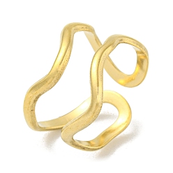Golden 304 Stainless Steel Open Cuff Ring, Wave, Golden, US Size 7 1/4(17.5mm)
