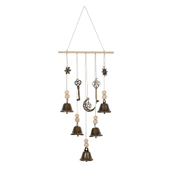 Античная Бронза Железный колокольчик и сплав ключей/солнца/луны подвесные украшения, деревянные бусины и хлопковый шнур для украшения стены дома, античная бронза, 410 мм