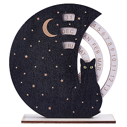 Black Moon & Star Black Cat Wooden Perpetual Calendar, Adjustable Desk Decor Date Display, Black, 180x50x195mm