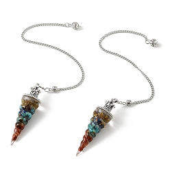 Mixed Stone Resin Dowsing Pendulum Pendants with Natural & Synthetic Gemstone Chips inside and Iron Chain & Alloy Caps, Cone Charms, 280mm, Hole: 2mm
