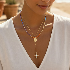 Cross 304 Подвеска из нержавеющей стали, двухслойное ожерелье из разноцветных стеклянных бусин для повседневного ношения, золотые, крестик, 16.54 дюйм (42 см)