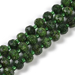 Темно-оливково-зеленый Нити бусин из натуральной кунжутной яшмы, граненые, рондель, с бисером, темно-оливковый зеленый, 7.5~8x6.5 мм, отверстие : 1.4 мм, около 45~46 шт / нитка, 15.75'' (40 см)