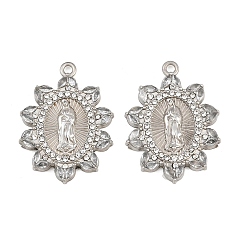 Crystal 304 Stainless Steel Rhinestone Pendants, Flower with Virgin Mary Charms, Stainless Steel Color, Crystal, 26.5x20x3mm, Hole: 1.7mm