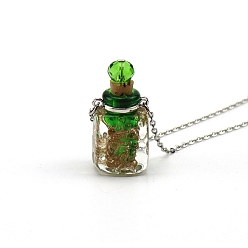 Зеленый лайм Светящиеся прямоугольные ожерелья в виде флаконов для духов лэмпворк, с цепями из нержавеющей стали, зеленый лайм, 23.62 дюйм (60 см), Кулон : 15x27 мм, емкость: 0.5 мл (0.02 жидких унций)