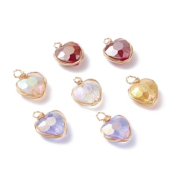 Mixed Color Electroplate Glass Pendants, with Copper Finding, AB Color, Faceted Heart Charms, Golden, Mixed Color, 14x10.5x5.5mm, Hole: 1.8~2.5mm