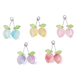 (52) Непрозрачная лаванда Прозрачный лак окрашенные стеклянные подвески, клубника, с подвеской в виде акрилового листика и 304 открытыми соединительными кольцами из нержавеющей стали, разноцветные, 29x14x11 мм, отверстие : 3.5 мм