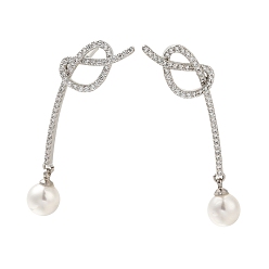 Платина Серьги-гвоздики с латунным покрытием и прозрачным кубическим цирконием, с пластмассовой жемчужиной abs, долговечный, без свинца и без кадмия, слева и справа, платина, 41~42x13~14 мм, 1 пара / комплект