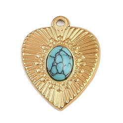 Золотой 304 подвески из нержавеющей стали с синтетической бирюзой, сердце прелести, ионное покрытие (ip), золотые, 23x18.5x4.5 мм, отверстие : 1.4 мм