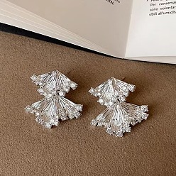 Silver Brass Micro Pave Cubic Zirconia Stud Earrings, Leaf, Silver, 26mm