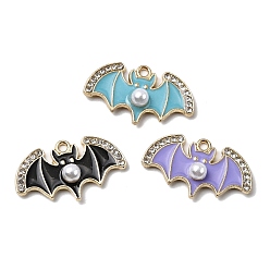 Золотой Подвески из сплава хэллоуина с эмалью, летучая мышь, с горным хрусталем и пластиковой жемчужиной, золотые, 14.5x25x5 мм, отверстие : 1.6 мм