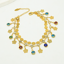 Разноцветный Богемные латунные круглые монетки с кисточкой в виде сглаза 2-цепочка на лодыжку для женщин, реальный 18 k позолоченный, красочный, 7-5/8 дюйм (195 мм)