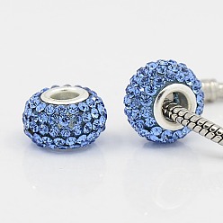 Sapphire Grade A Rhinestone European Beads, Large Hole Beads, Resin, with Silver Color Plated Brass Core, Rondelle, Sapphire, 12x8mm, Hole: 4mm