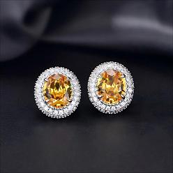 Gold Brass Micro Pave Cubic Zirconia Stud Earrings for Women, Oval, Platinum, Gold, 20x16.5mm