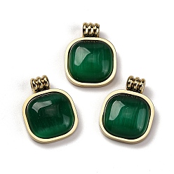 Темно-Зеленый Настоящее 14к позолота 304 подвески из нержавеющей стали, с кошачий глаз, прямоугольные, темно-зеленый, 18.5x14x4.5 мм, отверстие : 2 мм
