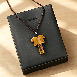 Œil De Tigre Colliers avec pendentif en œil de tigre naturel sculpté en forme de cocotier, cordon en polyester ajustable, 23.62~25.20 pouce (60~64 cm)