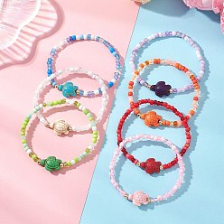 (52) Непрозрачная лаванда 7 Браслеты из окрашенной синтетической бирюзы и гальванически покрытых немагнитных бусин из синтетического гематита., бисер стеклянный бисер украшения для женщин, черепаха, разноцветные, внутренний диаметр: 2.09~2.20 дюйм (5.3~5.6 см)