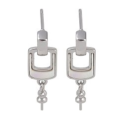 Platinum Brass with Shell Stud Earring Findings, with 925 Sterling Silver Pin, Cadmium Free & Nickel Free & Lead Free, Rectangle, Platinum, 23x7.5mm, Pin: 11.5x0.7mm & 2.7x0.6mm