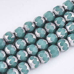 Light Sea Green Electroplate Opaque Glass Beads Strands, Half Silver Plated, Faceted, Round, Light Sea Green, 8~8.5x7~8mm, Hole: 1mm, about 40pcs/strand, 11.8 inch