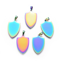 Rainbow Color Ion Plating(IP) 304 Stainless Steel Pendants, Shield, Stamping Blank Tag, Rainbow Color, 30x18x1mm, Hole: 3x5mm