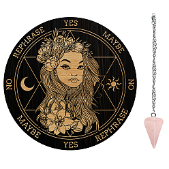 Human AHADEMAKER 1Pc Cone/Spike/Pendulum Natural Rose Quartz Stone Pendants, 1Pc 304 Stainless Steel Cable Chain Necklaces, 1Pc PVC Pendulum Board, Dowsing Divination Board, Women Pattern, Board: 200x4mm