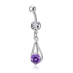 Lila Piercing-Schmuck, Messing Zirkonia Nabel Ring, Nabelring Bauchringe, mit 304 Edelstahlleiste, Bleifrei und cadmium frei, Träne, Platin Farbe, lila, 38x11.5 mm, Stangenlänge: 3/8"(10mm), Stange: 14 Spurweite(1.6mm)