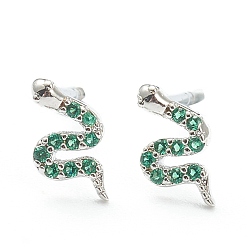 Зеленый Латунные микро проложить серьги стержня кубического циркония, змея, Реальная платина, зелёные, 8x4.5 мм, штифты : 0.8 мм