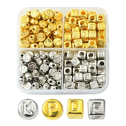 Platin & golden Ccb Kunststoff-Perlen, horizontales Loch, flach rund/würfelig mit Buchstaben, Platin & golden, 6~7x6~7x4~6 mm, Bohrung: 1.4~3 mm, 244 Stück / Karton
