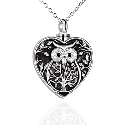 Platinum Alloy Heart with Owl Urn Ashes Pendant Necklace with Enamel, Memorial Jewelry for Men Women, Platinum, 17.72 inch(45cm)