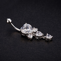 Кремово-белый Латунные кубические цирконии тройные сердечки подвески пупочные кольца, платина, прозрачные, 43x11 мм