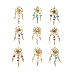 Смешанные камни 9 шт. 9 стили натуральный и синтетический смешанный сплав крошки камня плетеная паутина/сетка с перьями большие подвески, античное золото , смешанные окрашенные и неокрашенные, 71x28x7 мм, отверстие : 2 мм, 1 шт / стиль