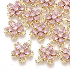 Pink Латуни циркония кубической подвески, реальный 18 k позолоченный, цветок, розовые, 20x18x4.5 мм, отверстие : 1.2 мм