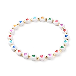 Colorful Heart Opaque Acrylic Beads Stretch Bracelet for Teen Girl Women, 304 Stainless Steel Beads Bracelet, Colorful, Inner Diameter: 2-1/8 inch(5.5cm)