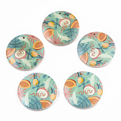 Medium Aquamarine Fruit Seris Printed Wood Pendants, Flat Round with Papaya Pattern, Medium Aquamarine, 50x5mm, Hole: 1.6mm