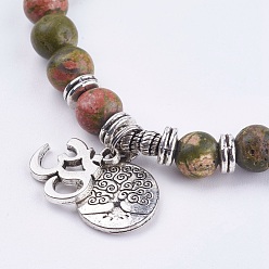 Unakite Natural Unakite Wrap Bracelets, with Alloy Finding, Om Symbol and Tree of Life, 36.22 inch~39.37 inch(92~100cm)