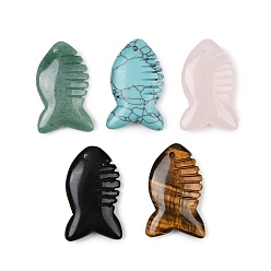 Смешанные камни Резные подвески из синтетической бирюзы, натурального розового кварца, тигрового глаза, обсидиана и зеленого авантюрина, рыбы прелести, смешанные окрашенные и неокрашенные, 36.5~37.5x22.5~23.5x7.5~8.5 мм, отверстие : 1.8~2 мм