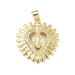 Настоящее золото 16K Латунные микропаве прозрачные подвески с фианитом, сердце с подвесками Девы Марии, реальный 16 k позолоченный, 26x22.5x3.5 мм, отверстие : 4.5x3.5 мм