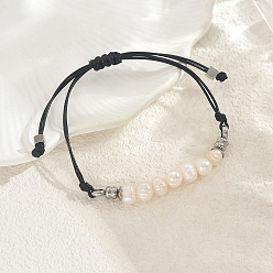 Black Bohemian Natural Cultured Pearl Rice Braided Bead Bracelets with 201 Stainless Steel Beads, Adjustable Cord Jewelry, Stainless Steel Color, Black, Inner Diameter: 2.36 inch(6cm)~2.76 inch(7cm)