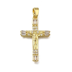 Настоящее золото 18K Латунные микропаве прозрачные подвески с фианитом, крест, долговечный, стойки покрытие, без свинца и без кадмия, реальный 18 k позолоченный, 30.5x19x3 мм, отверстие : 5.5x3 мм