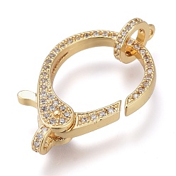 Настоящее золото 18K Латунные микро проложить кубического циркония когтя омара застежками, с поручнями/трубчатыми поручнями, долговечный, прозрачные, реальный 18 k позолоченный, 27x18x5 мм, отверстие : 2x2.5 мм, трубчатые поручни: 10x8x2мм, отверстие : 1.4 мм