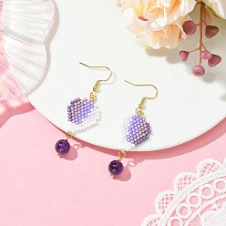Purple 304 Stainless Steel with Glass Cylinder Seed Beads Hot Air Balloon Dangle Earrings, Brass Earrings, Golden, Purple, 60x18.5mm