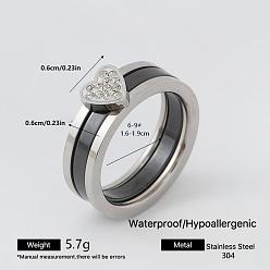 Stainless Steel Color 304 Stainless Steel Rhinestone Finger Rings for Women, Heart, Stainless Steel Color, 6x6mm, US Size 7(17.3mm)