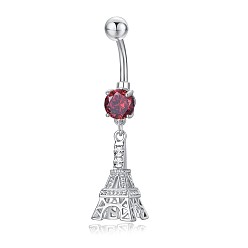 Red Piercing Jewelry, Brass Cubic Zirciona Navel Ring, Belly Rings, with 304 Stainless Steel Bar, Lead Free & Cadmium Free, Eiffel Tower, Red, 44mm, Pendant: 22x10mm, Bar: 14 Gauge(1.6mm), Bar Length: 3/8"(10mm)